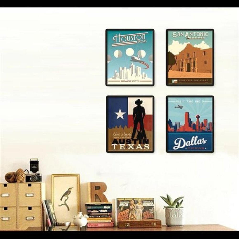 Texas Lone Star City Cities Prints Wall Art Decor Set of 4 Prints 8x10 | 8.5x11